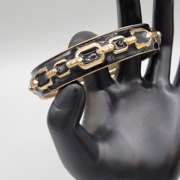 Black and Gold Metal Bangle Bracelet Link Chain Accent Fits Up To 7 3/4" - Picture 3 of 6
